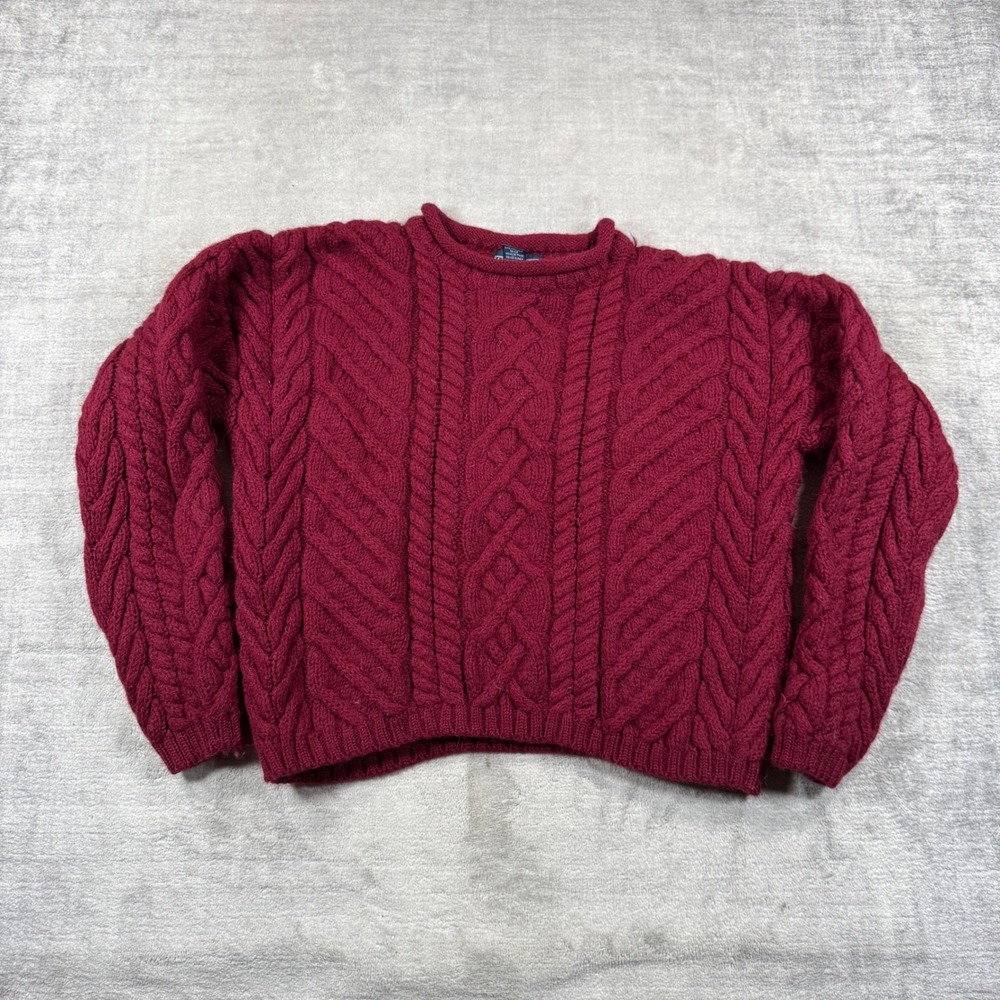 VTG Lands End Sweater Women Medium Burgundy Cable Knit Wool England Fisherman
